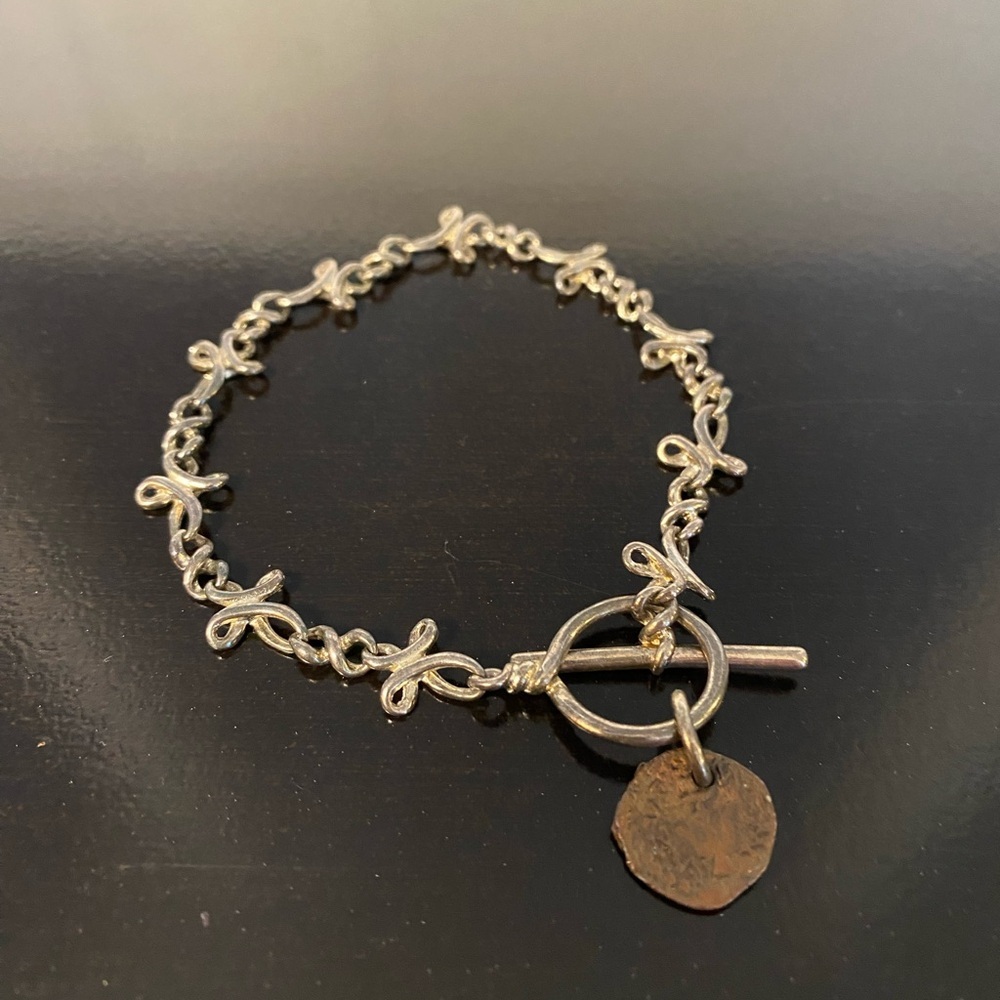 Premier Designs Silver Continuous Cross Bracelet w Faux Antique Roman Coin Charm